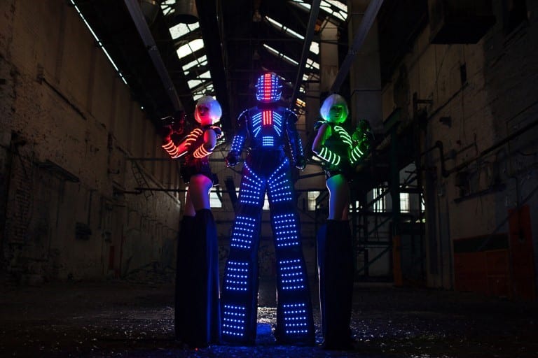 Stilt walking LED light up robots